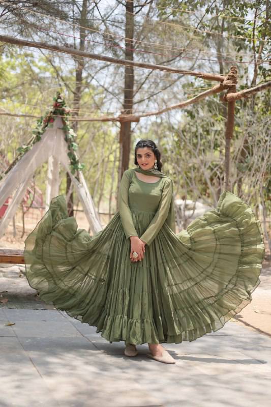 Delightful Faux Georgette 15 Meter Flared Fully Stitched Ruffle Gown - Ethnicwish
