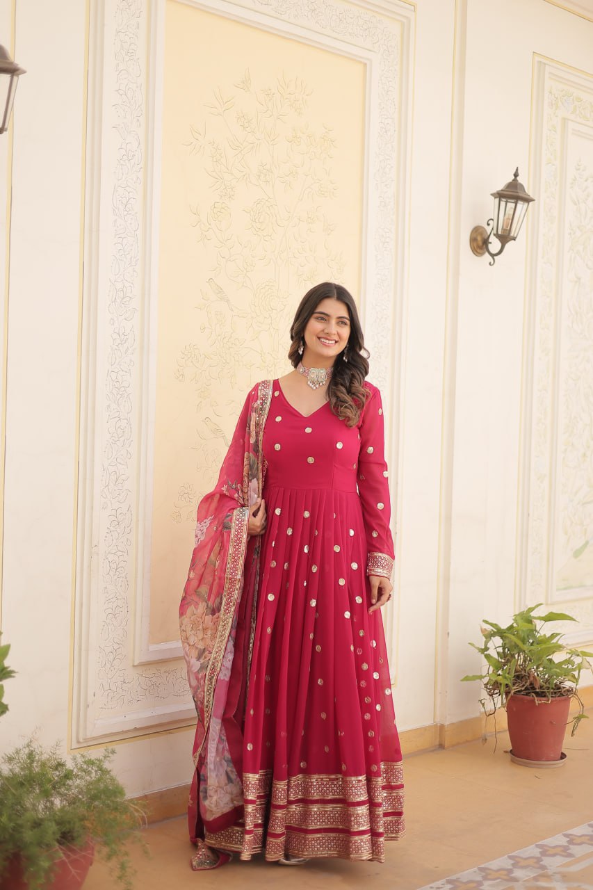 Entrancing Faux Georgette Zari Sequins Worked Designer Gown - Ethnicwish