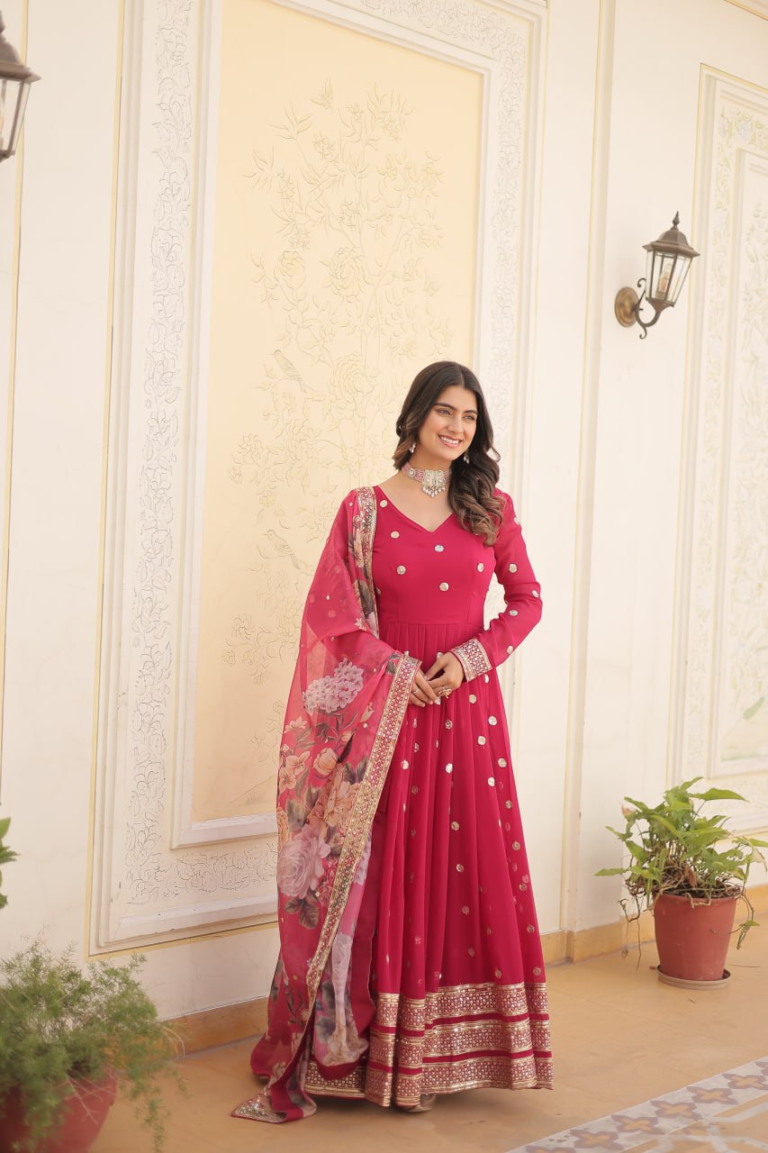 Entrancing Faux Georgette Zari Sequins Worked Designer Gown - Ethnicwish