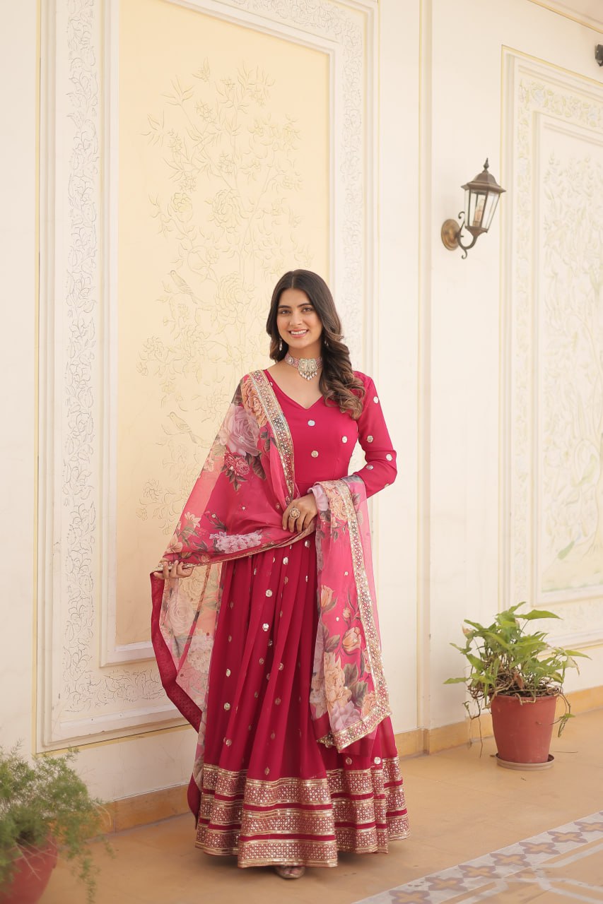 Entrancing Faux Georgette Zari Sequins Worked Designer Gown - Ethnicwish