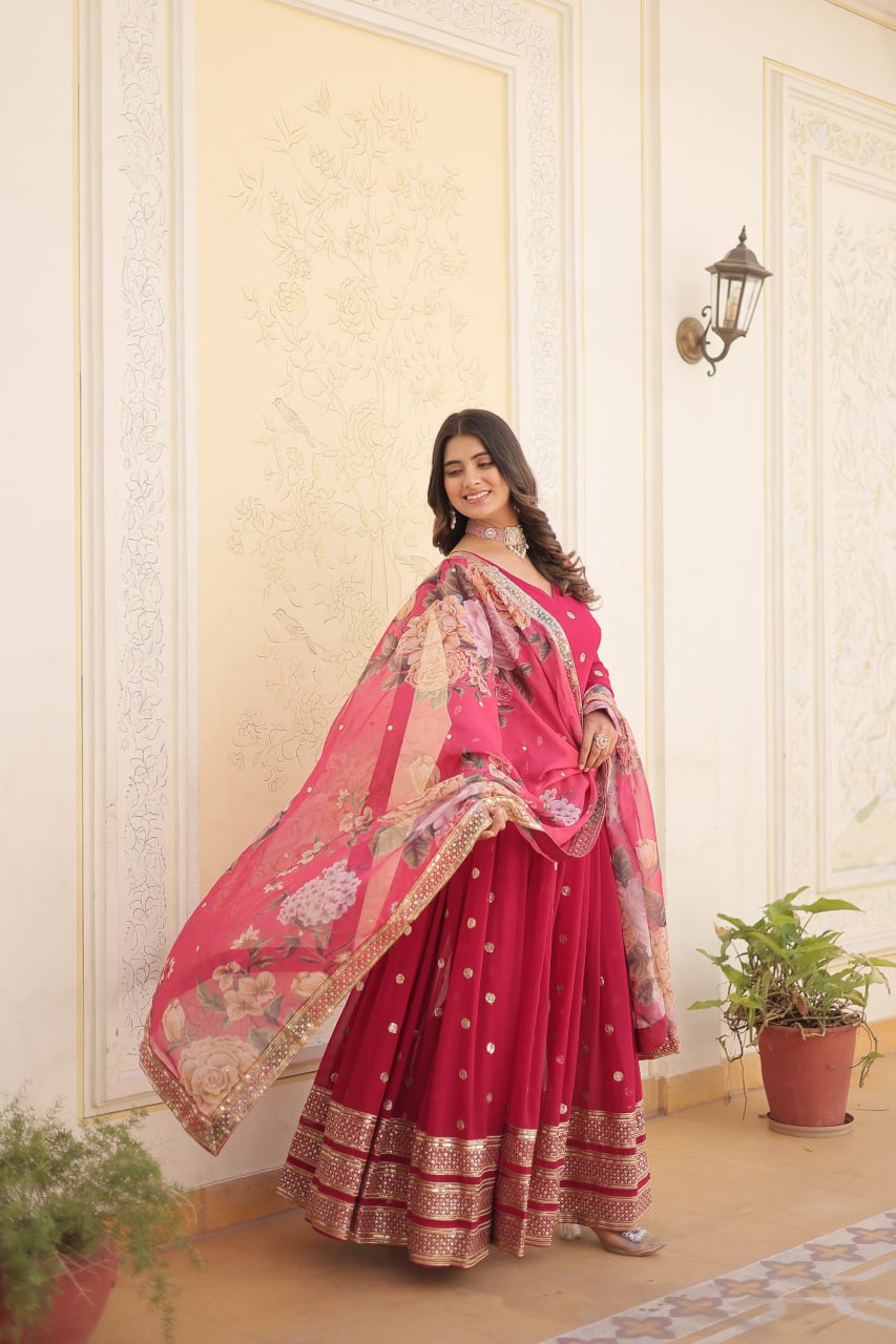 Entrancing Faux Georgette Zari Sequins Worked Designer Gown - Ethnicwish