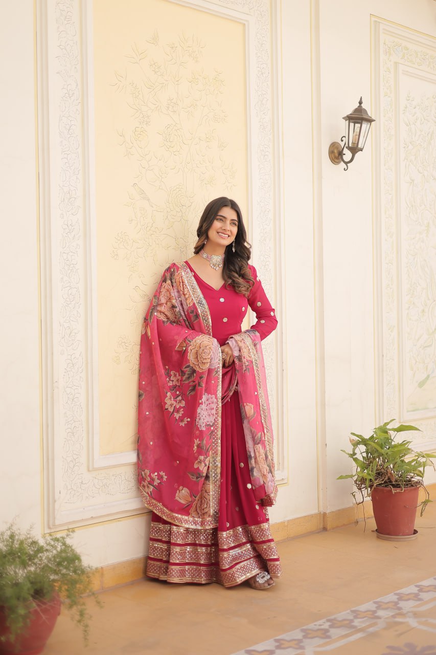 Entrancing Faux Georgette Zari Sequins Worked Designer Gown - Ethnicwish