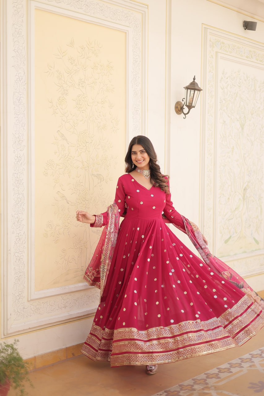 Entrancing Faux Georgette Zari Sequins Worked Designer Gown - Ethnicwish