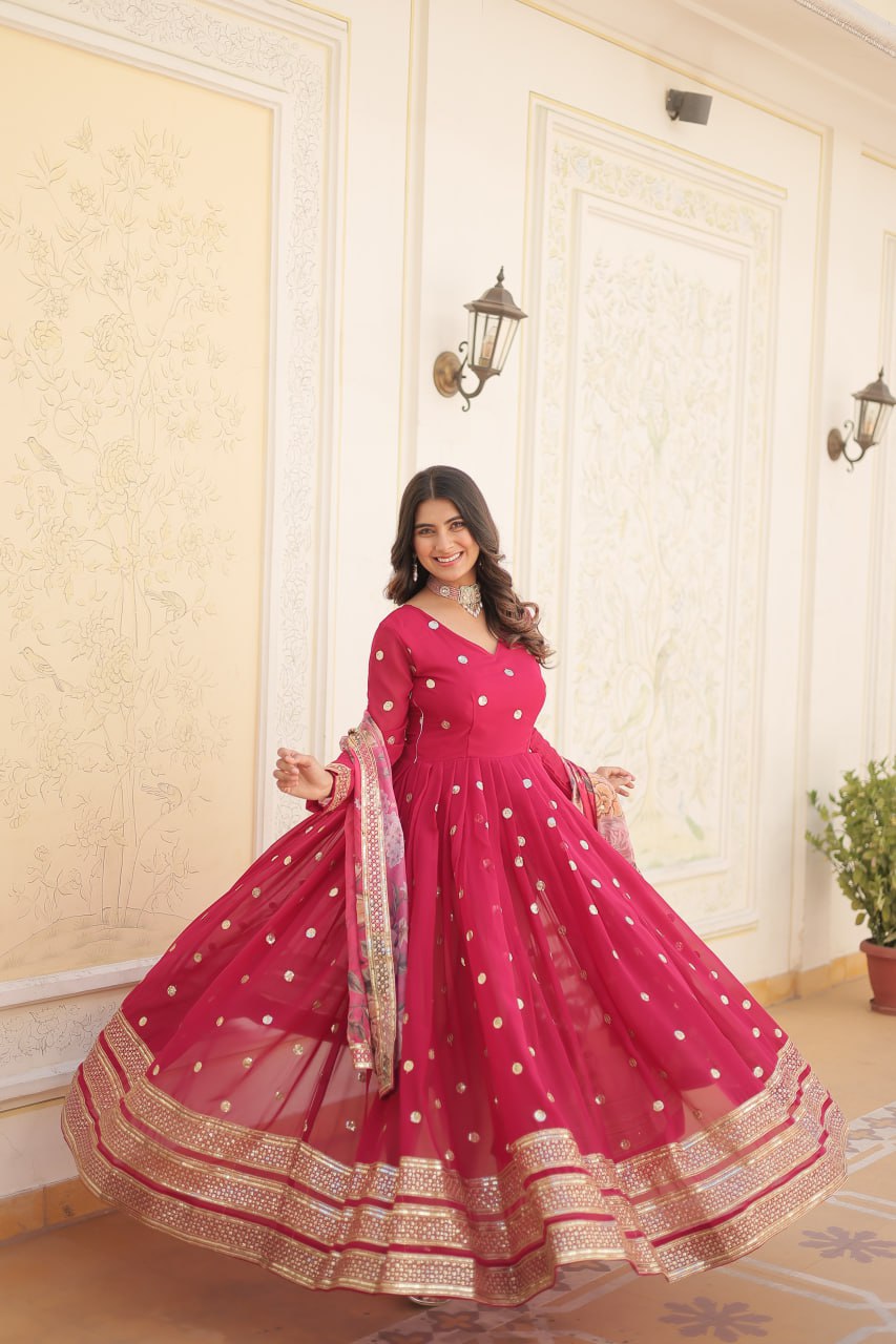 Entrancing Faux Georgette Zari Sequins Worked Designer Gown - Ethnicwish