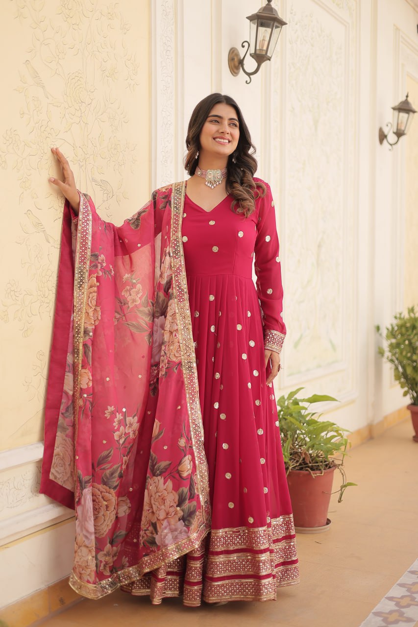 Entrancing Faux Georgette Zari Sequins Worked Designer Gown - Ethnicwish