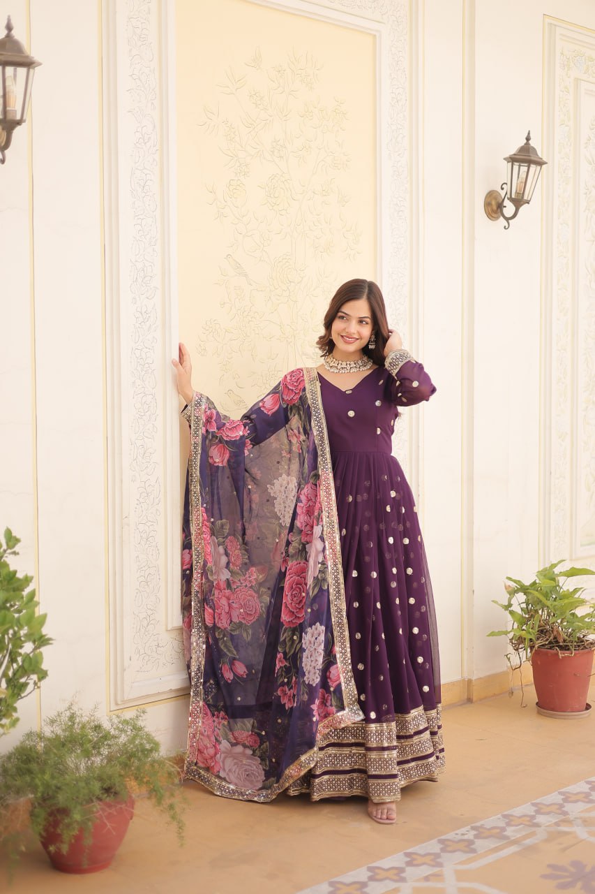 Entrancing Faux Georgette Zari Sequins Worked Designer Gown - Ethnicwish