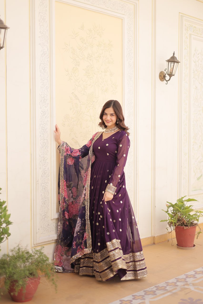 Entrancing Faux Georgette Zari Sequins Worked Designer Gown - Ethnicwish