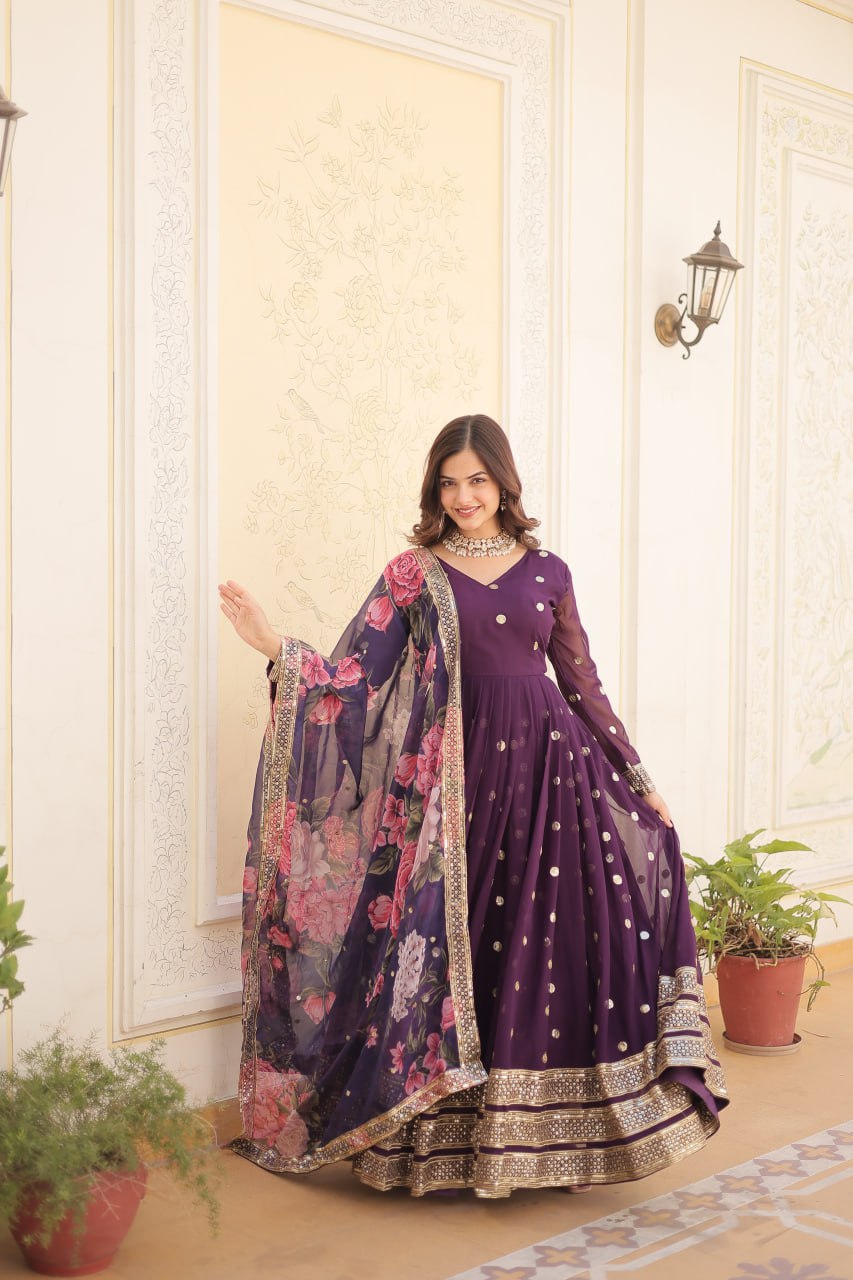 Entrancing Faux Georgette Zari Sequins Worked Designer Gown - Ethnicwish