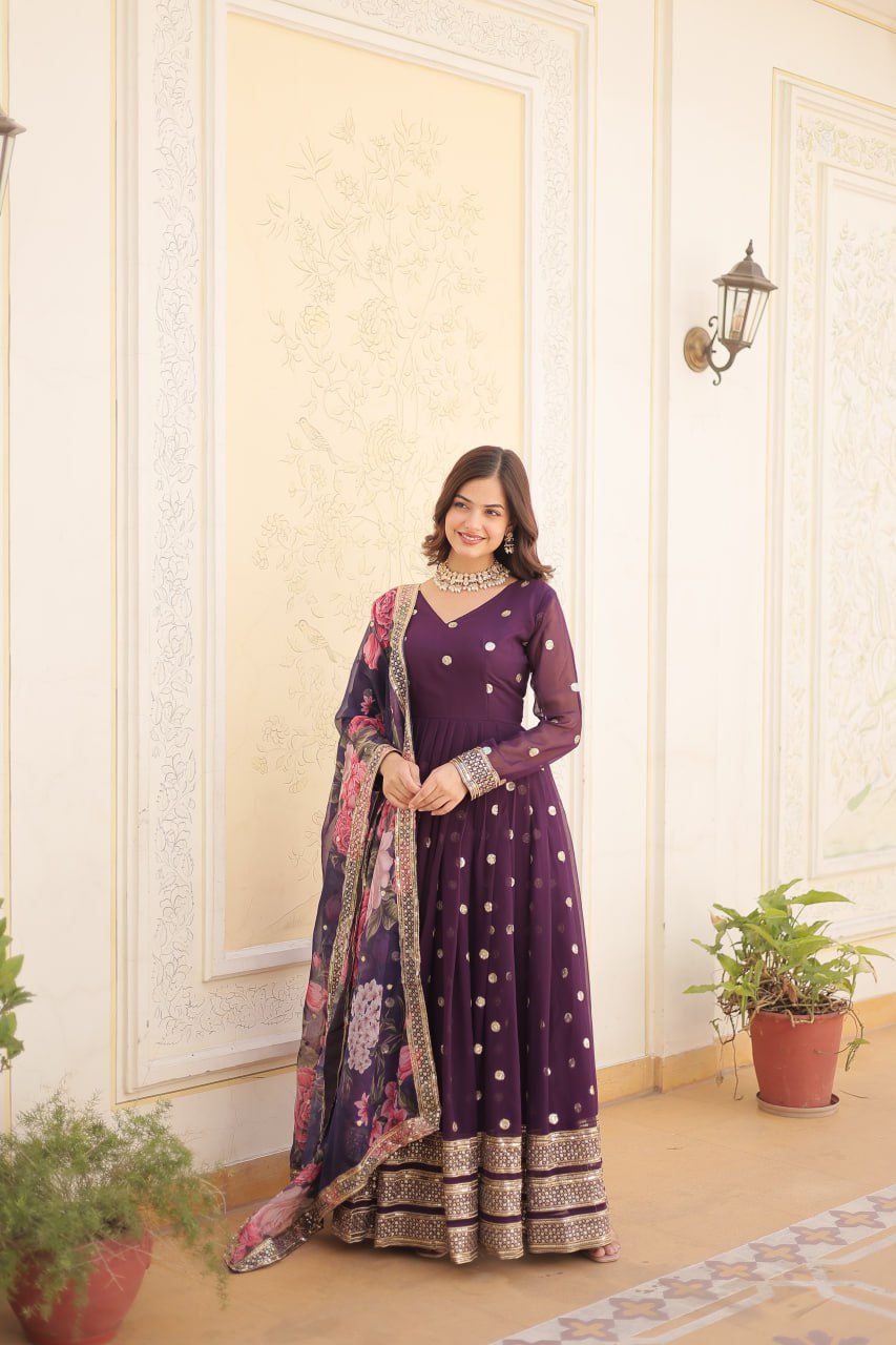 Entrancing Faux Georgette Zari Sequins Worked Designer Gown - Ethnicwish