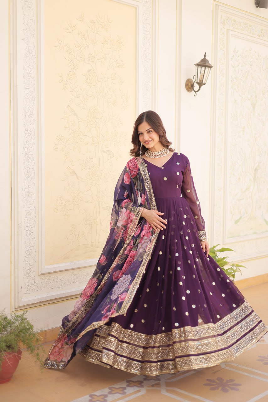 Entrancing Faux Georgette Zari Sequins Worked Designer Gown - Ethnicwish