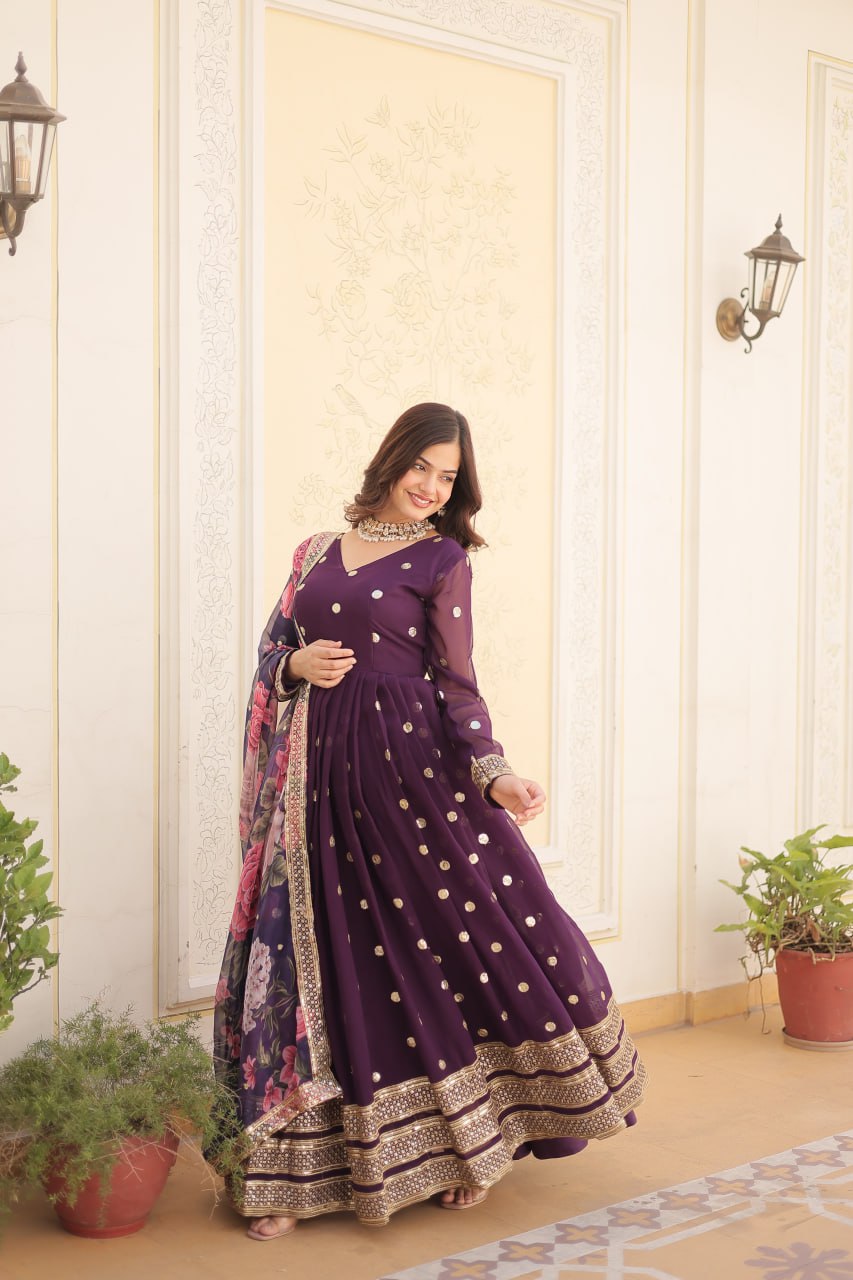 Entrancing Faux Georgette Zari Sequins Worked Designer Gown - Ethnicwish