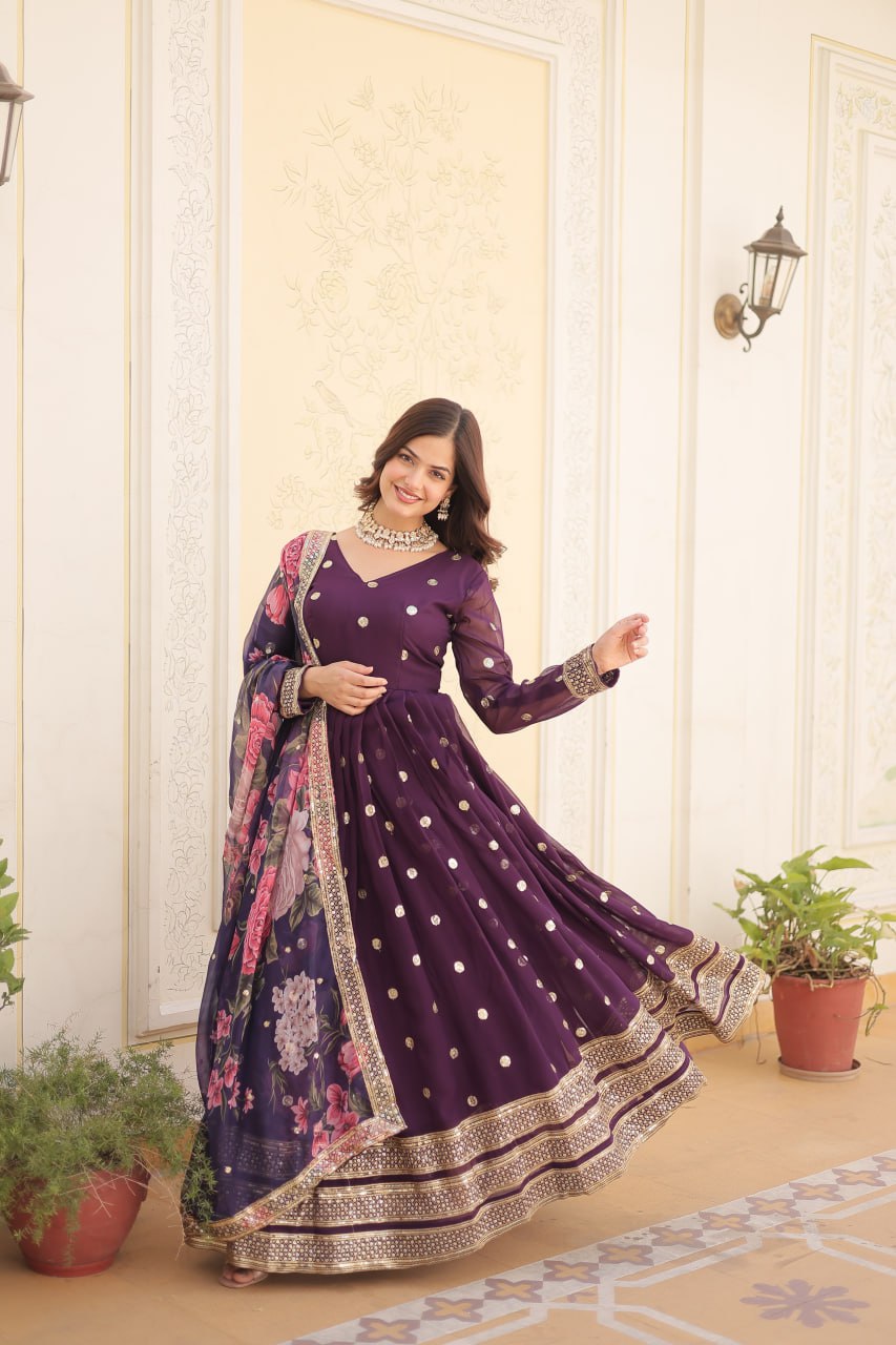 Entrancing Faux Georgette Zari Sequins Worked Designer Gown - Ethnicwish