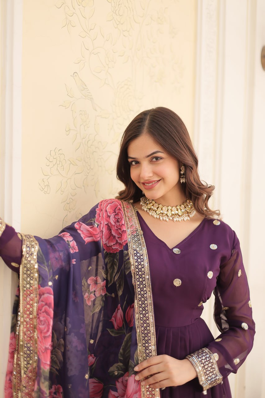 Entrancing Faux Georgette Zari Sequins Worked Designer Gown - Ethnicwish