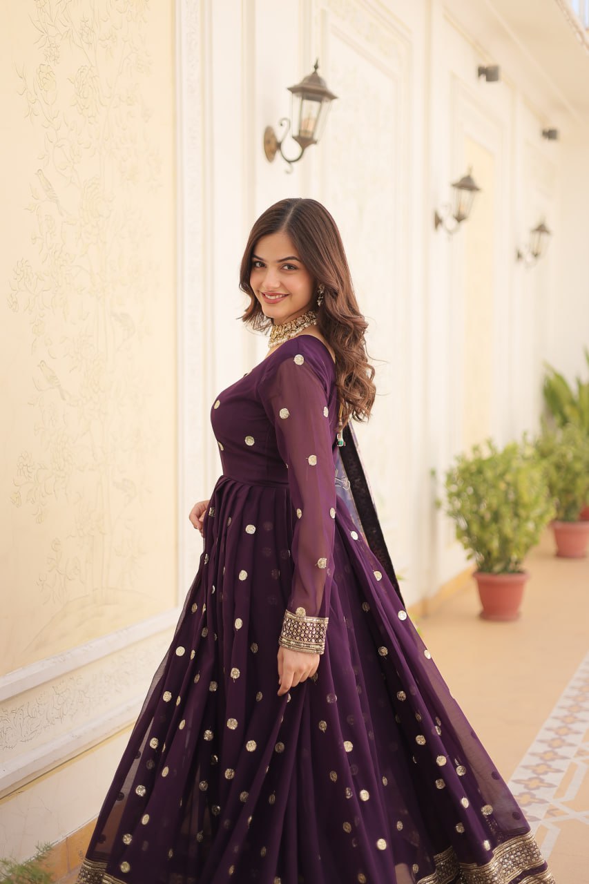 Entrancing Faux Georgette Zari Sequins Worked Designer Gown - Ethnicwish