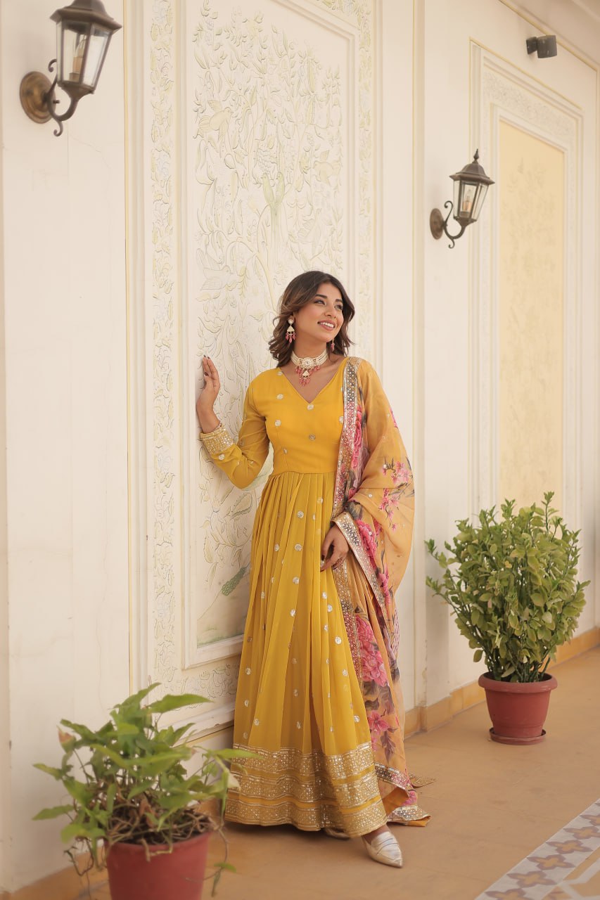Entrancing Faux Georgette Zari Sequins Worked Designer Gown - Ethnicwish