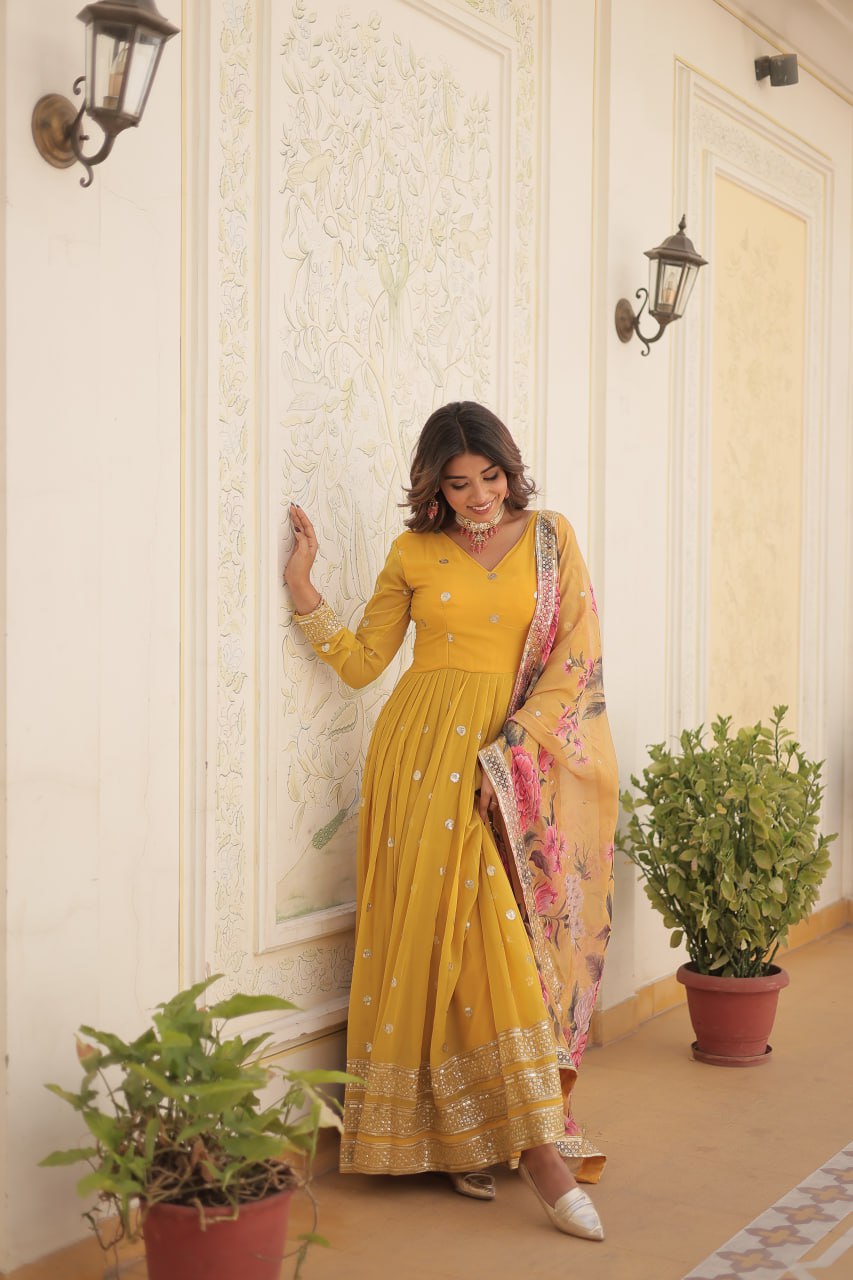 Entrancing Faux Georgette Zari Sequins Worked Designer Gown - Ethnicwish