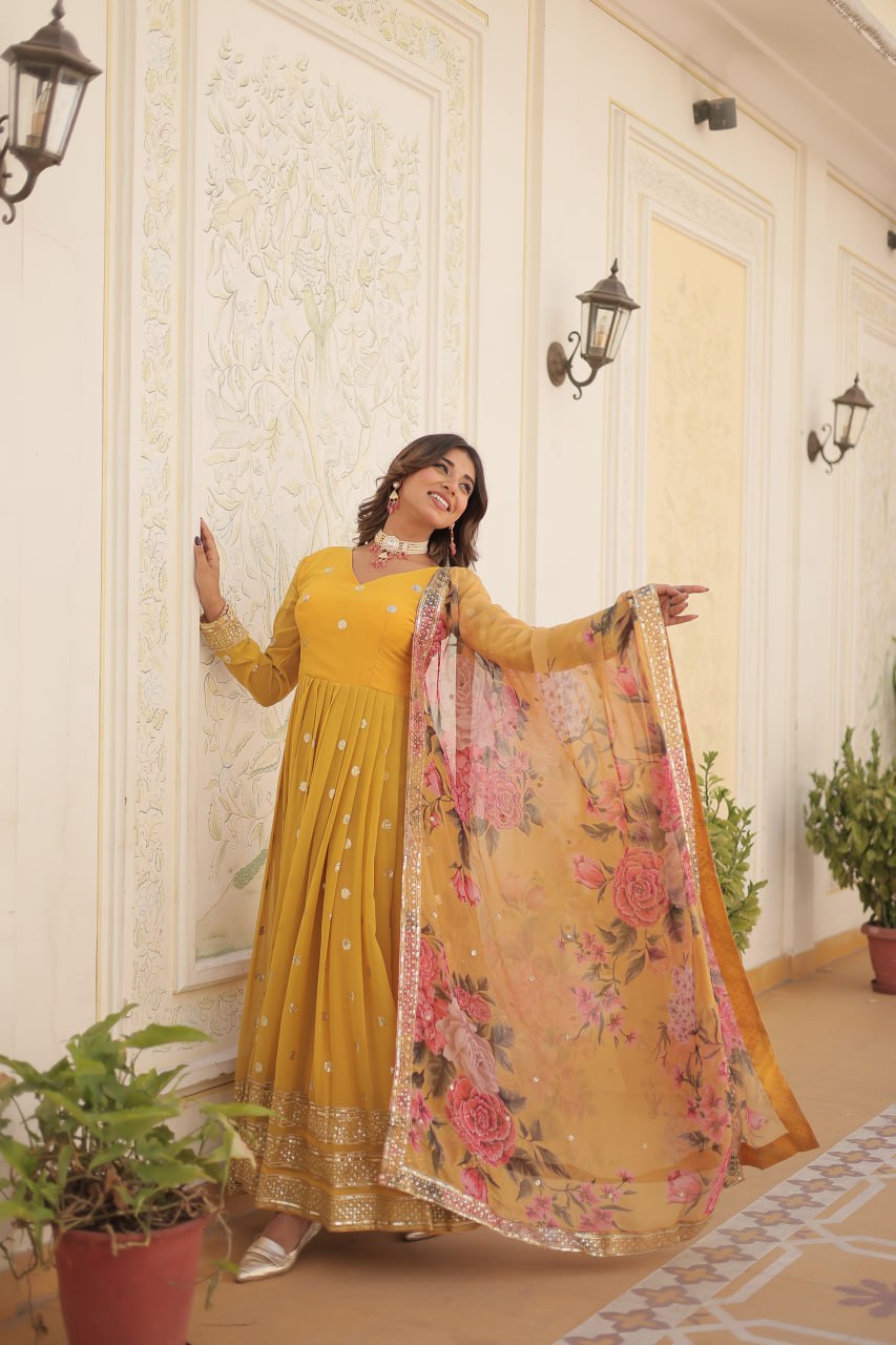 Entrancing Faux Georgette Zari Sequins Worked Designer Gown - Ethnicwish