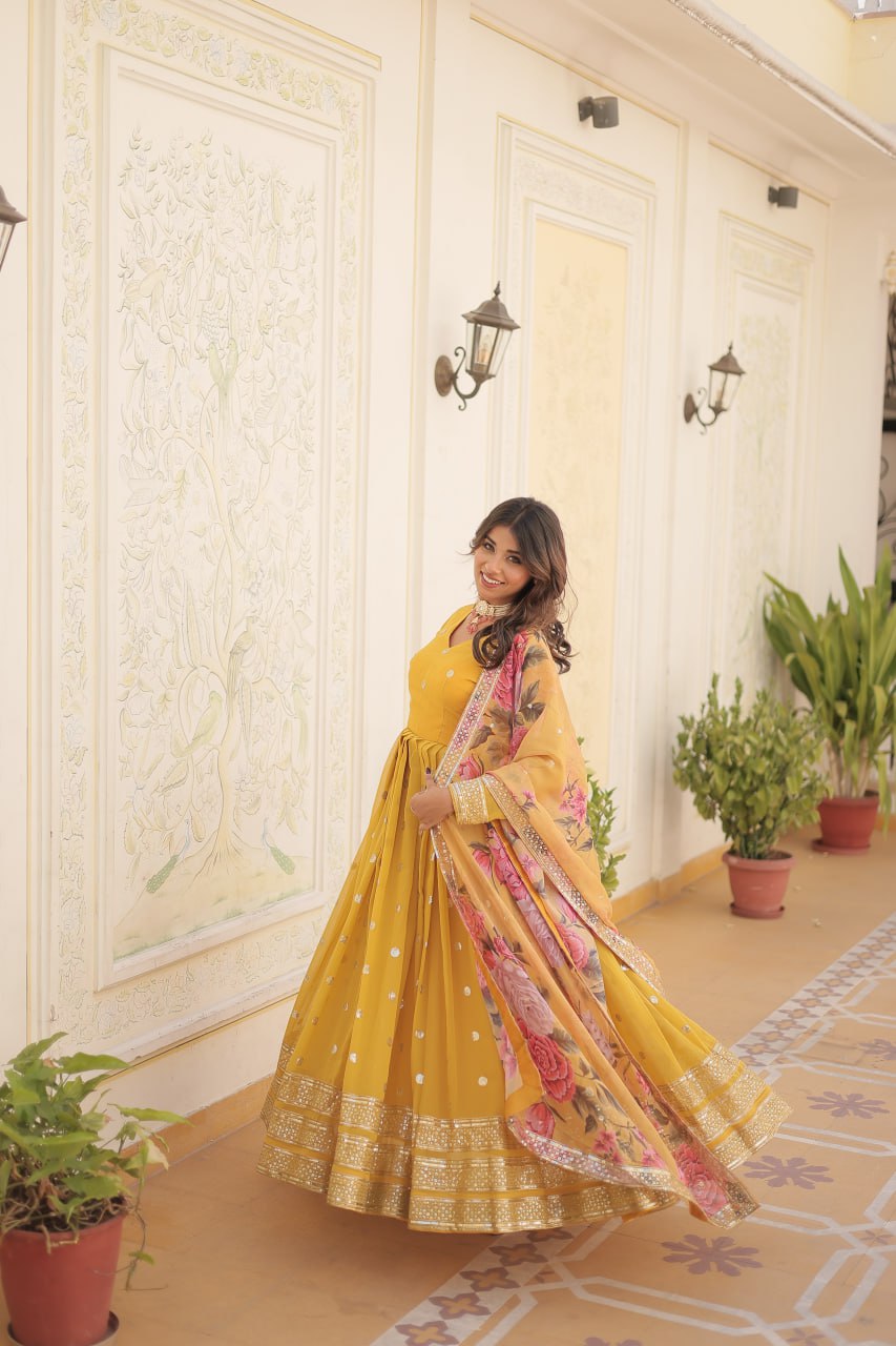 Entrancing Faux Georgette Zari Sequins Worked Designer Gown - Ethnicwish
