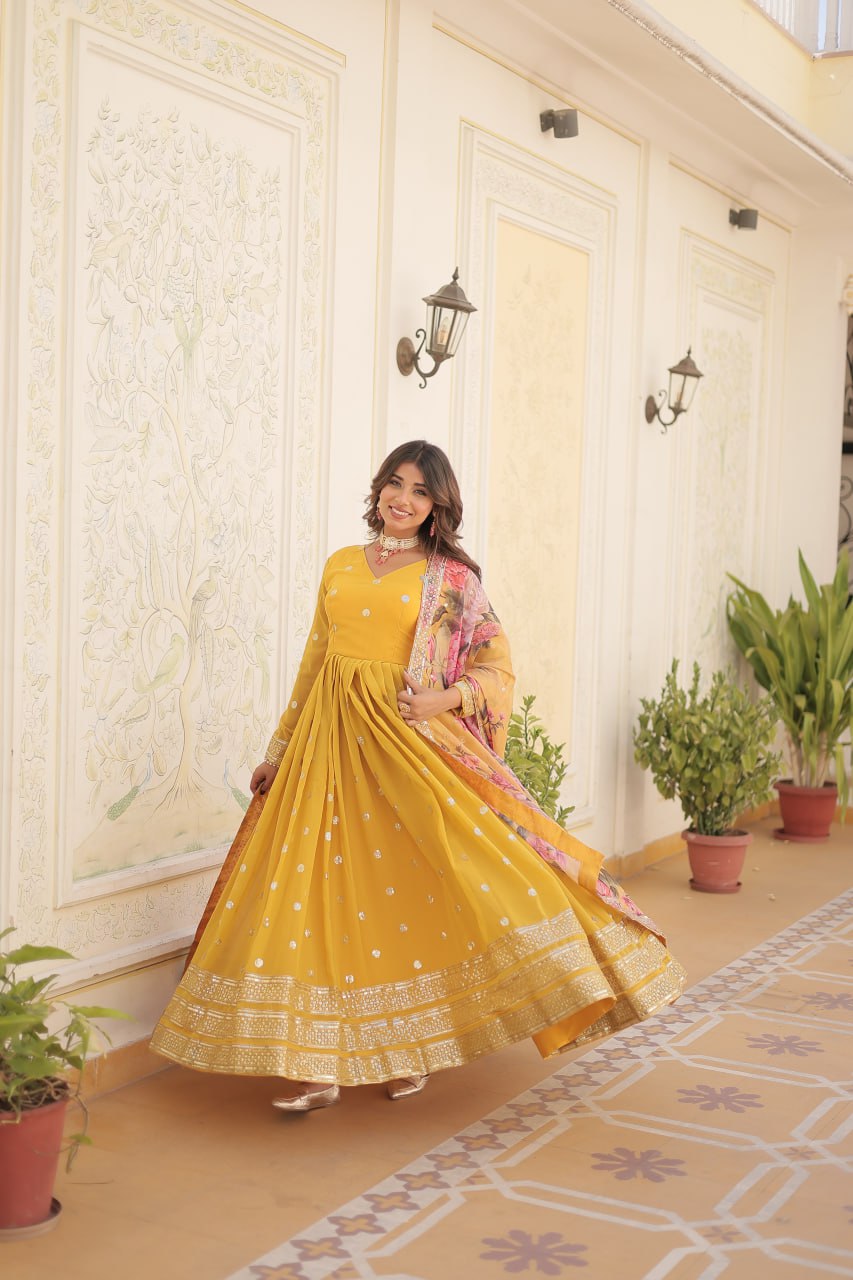 Entrancing Faux Georgette Zari Sequins Worked Designer Gown - Ethnicwish