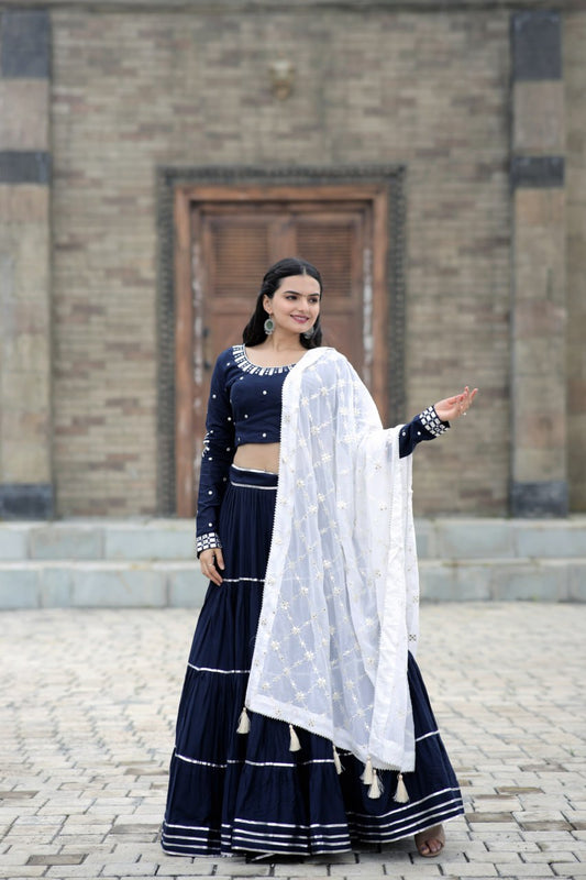 Fascinating Blue Foil Mirror Gota Patti Worked Navratri Lehenga Choli - Ethnicwish