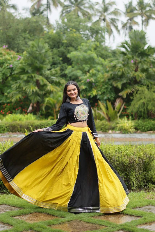 Luminous Yellow Black Navratri Wear Designer Lehenga Choli - Ethnicwish