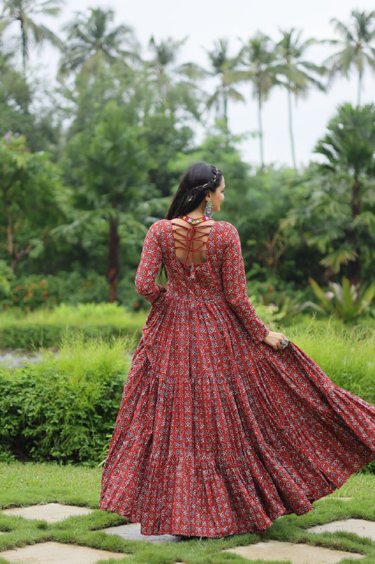 Spectacular Maroon Cotton Navratri Wear Designer Gown - Ethnicwish