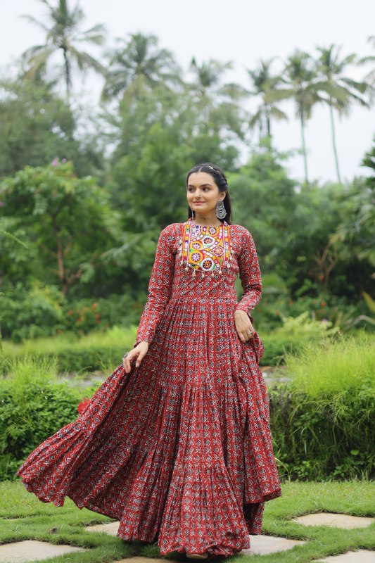 Spectacular Maroon Cotton Navratri Wear Designer Gown - Ethnicwish