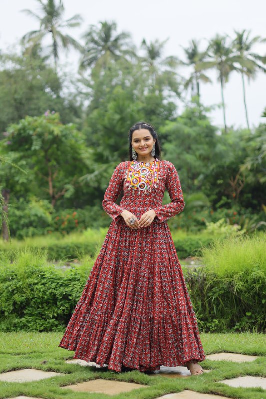 Spectacular Maroon Cotton Navratri Wear Designer Gown - Ethnicwish