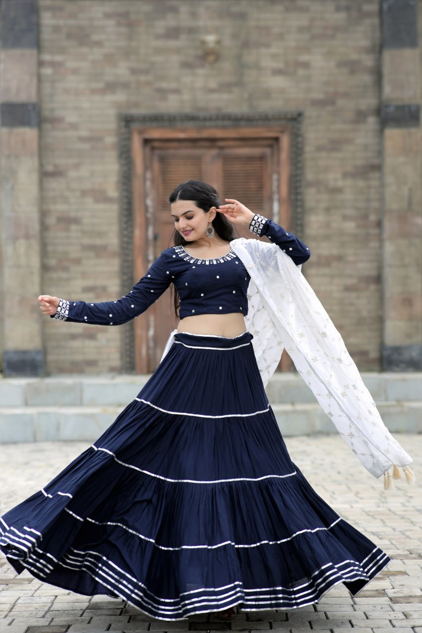 Fascinating Blue Foil Mirror Gota Patti Worked Navratri Lehenga Choli - Ethnicwish