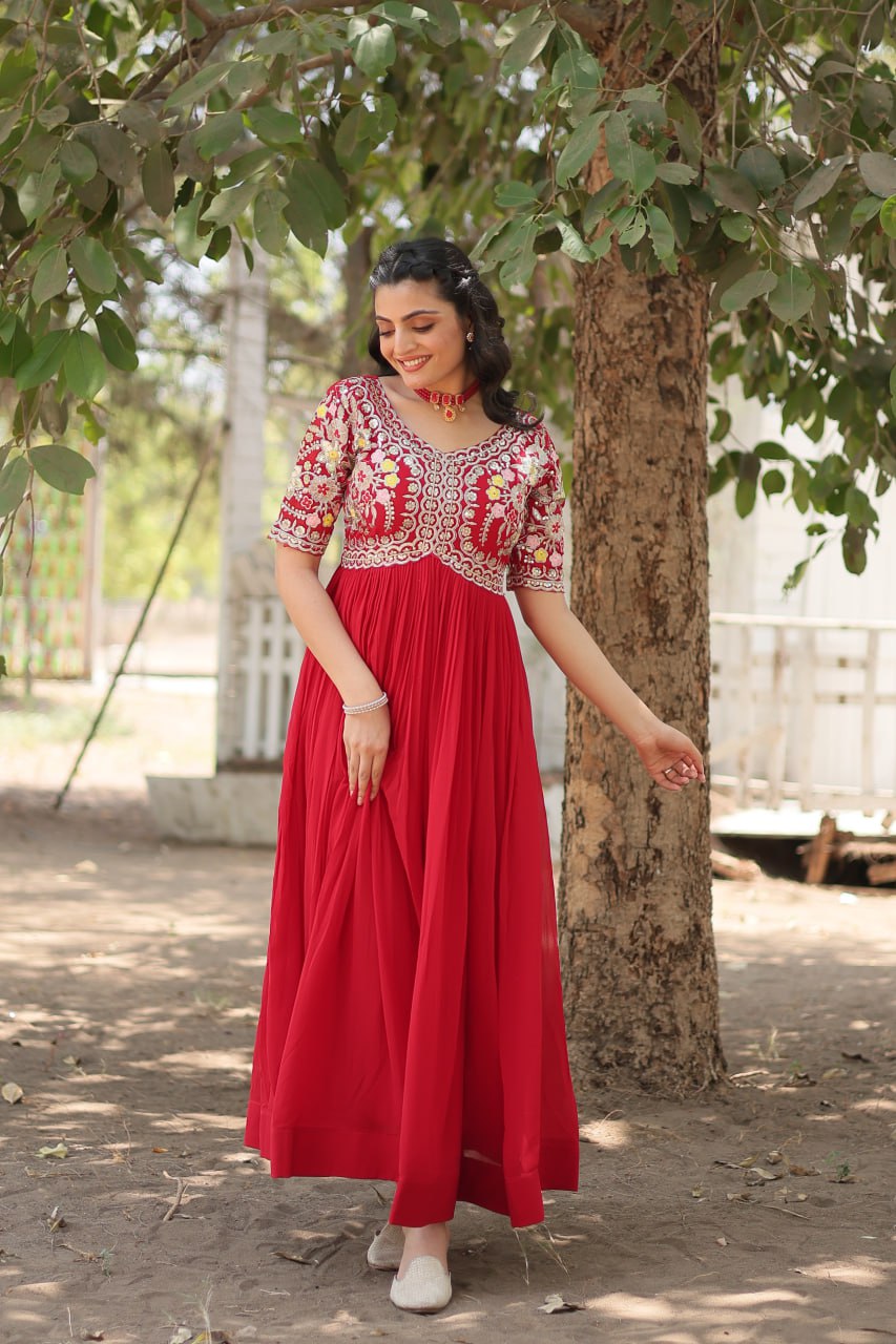 Shimmering Faux Georgette Fully Stitched Designer Gown - Ethnicwish