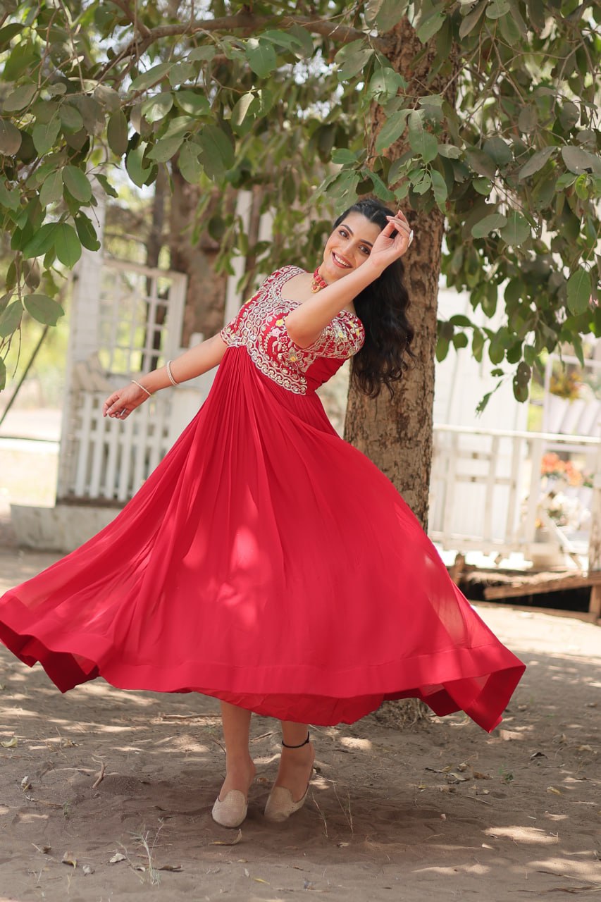 Shimmering Faux Georgette Fully Stitched Designer Gown - Ethnicwish