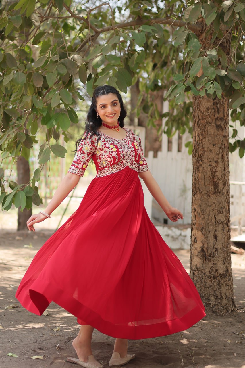 Shimmering Faux Georgette Fully Stitched Designer Gown - Ethnicwish