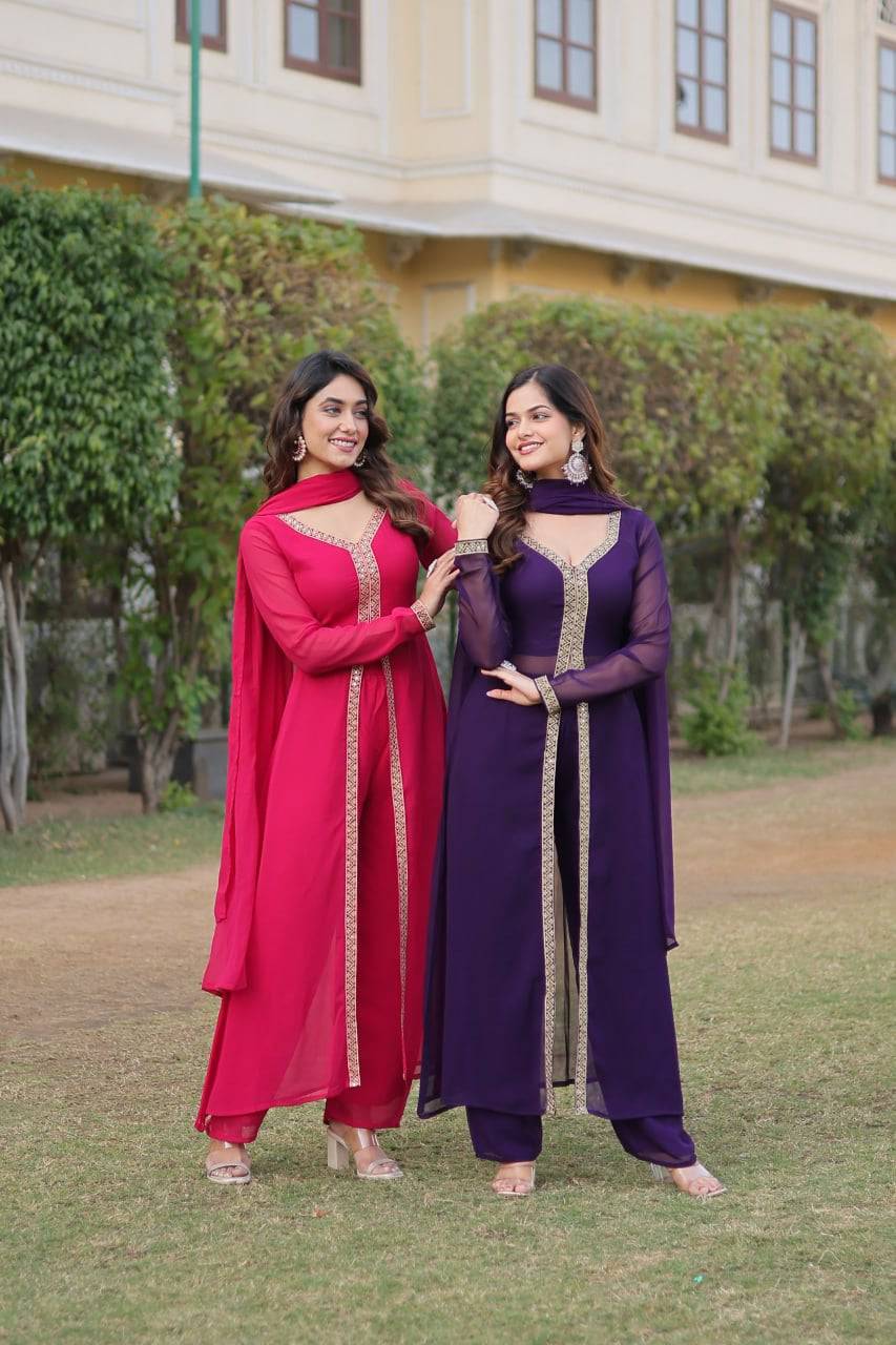 Lovely Faux Georgette Embroidered Slit Cut Top Pant Suit - Ethnicwish