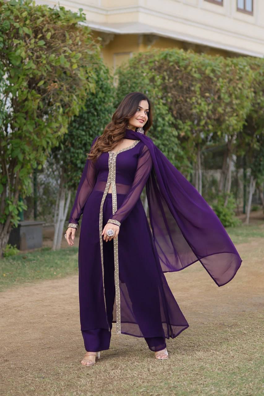 Lovely Faux Georgette Embroidered Slit Cut Top Pant Suit - Ethnicwish