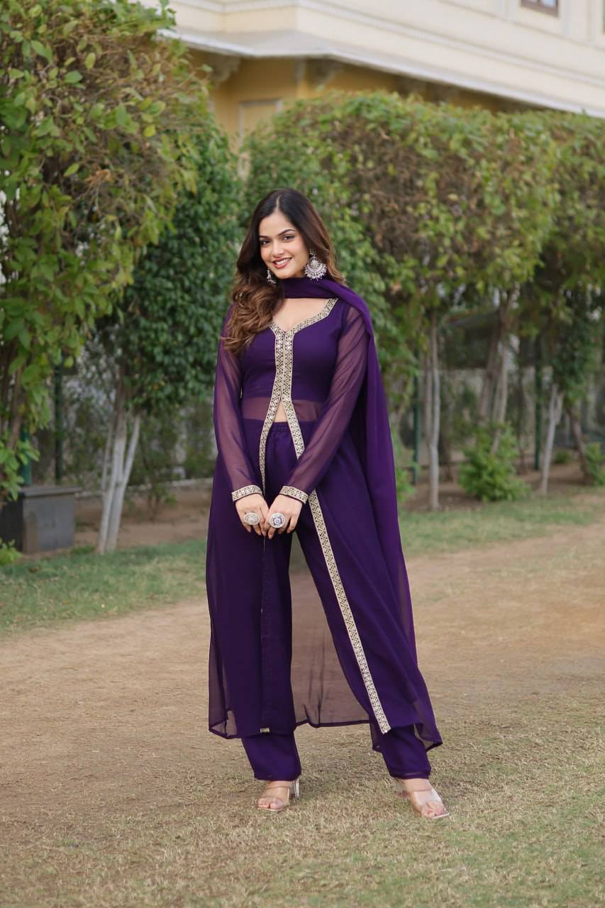 Lovely Faux Georgette Embroidered Slit Cut Top Pant Suit - Ethnicwish