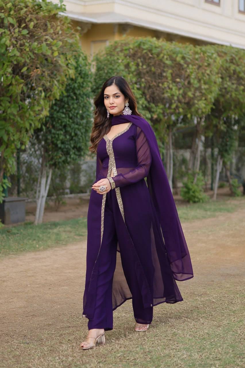 Lovely Faux Georgette Embroidered Slit Cut Top Pant Suit - Ethnicwish