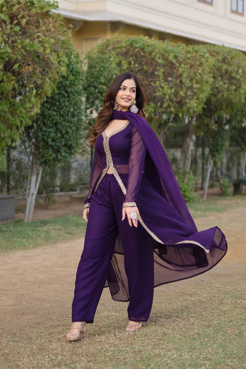 Lovely Faux Georgette Embroidered Slit Cut Top Pant Suit - Ethnicwish