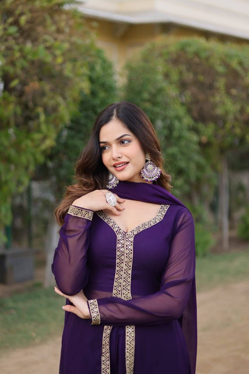 Lovely Faux Georgette Embroidered Slit Cut Top Pant Suit - Ethnicwish
