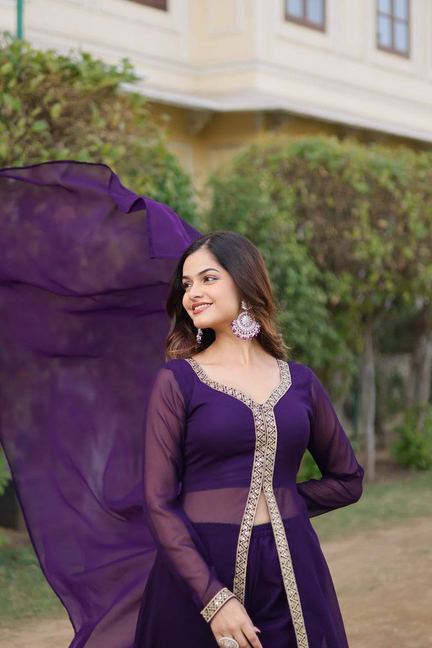 Lovely Faux Georgette Embroidered Slit Cut Top Pant Suit - Ethnicwish