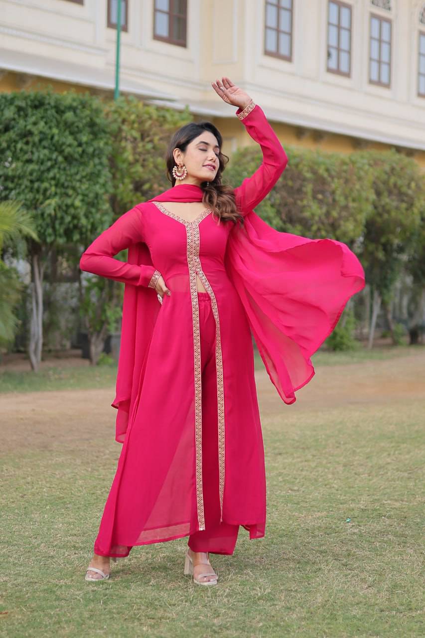 Lovely Faux Georgette Embroidered Slit Cut Top Pant Suit - Ethnicwish