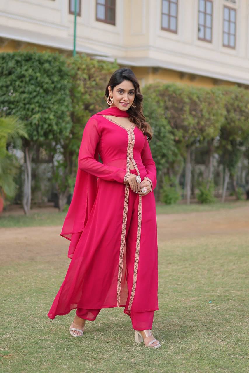 Lovely Faux Georgette Embroidered Slit Cut Top Pant Suit - Ethnicwish