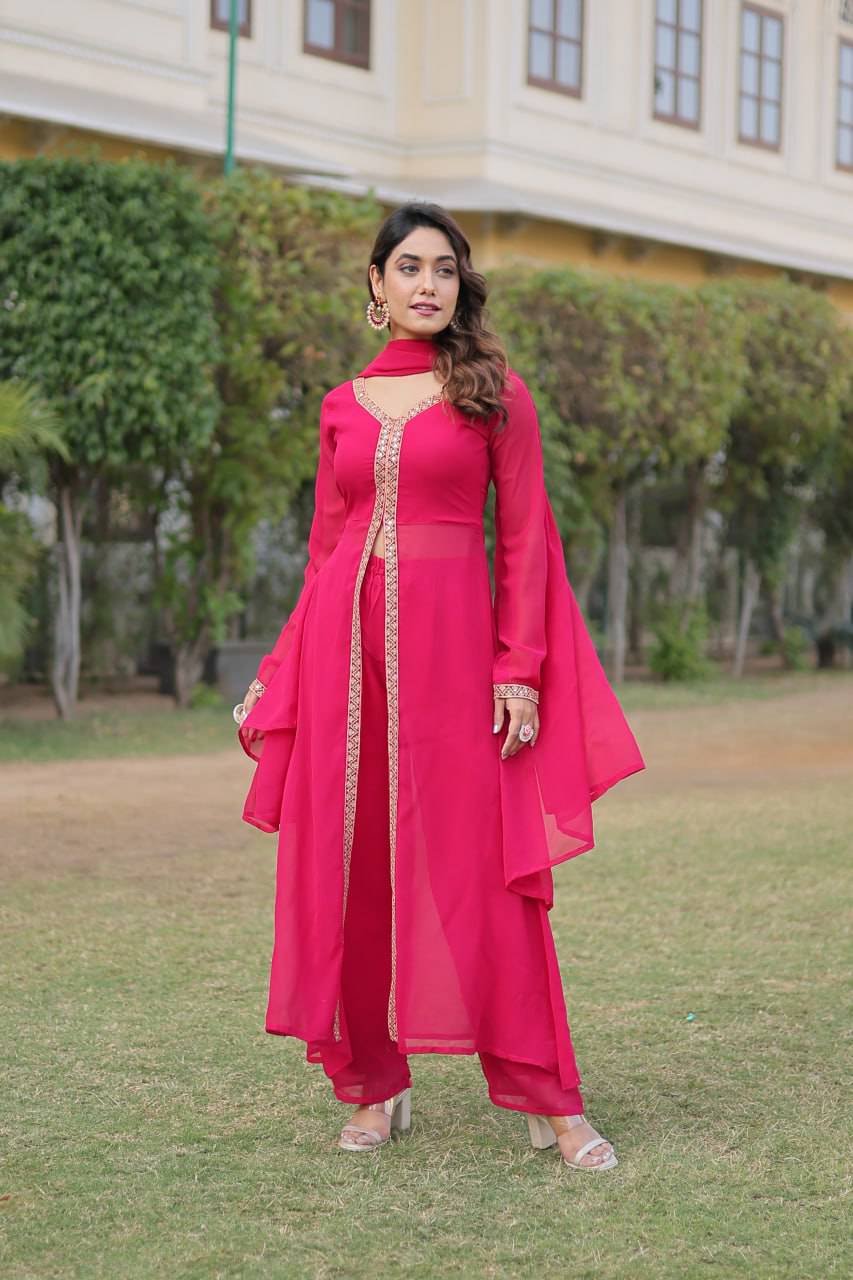 Lovely Faux Georgette Embroidered Slit Cut Top Pant Suit - Ethnicwish