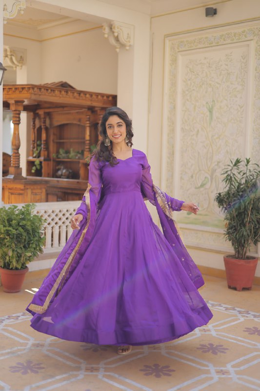Alluring Russian Silk Fully Stitched Designer Gown With Dupatta - Ethnicwish