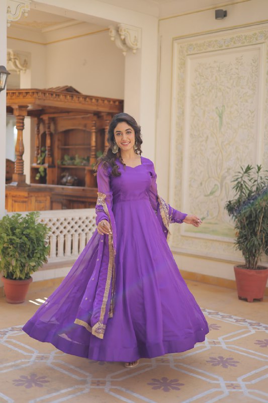 Alluring Russian Silk Fully Stitched Designer Gown With Dupatta - Ethnicwish