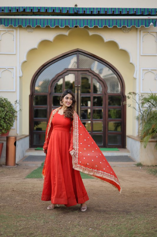 Alluring Russian Silk Fully Stitched Designer Gown With Dupatta - Ethnicwish