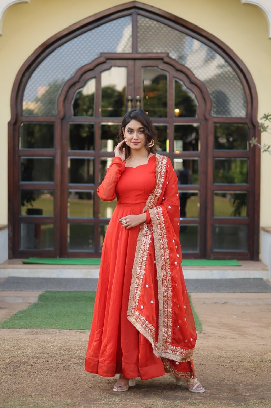 Alluring Russian Silk Fully Stitched Designer Gown With Dupatta - Ethnicwish