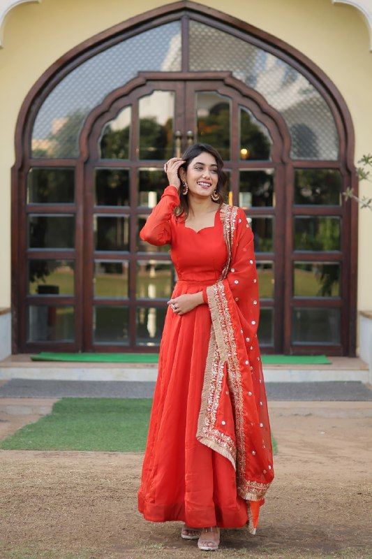 Alluring Russian Silk Fully Stitched Designer Gown With Dupatta - Ethnicwish