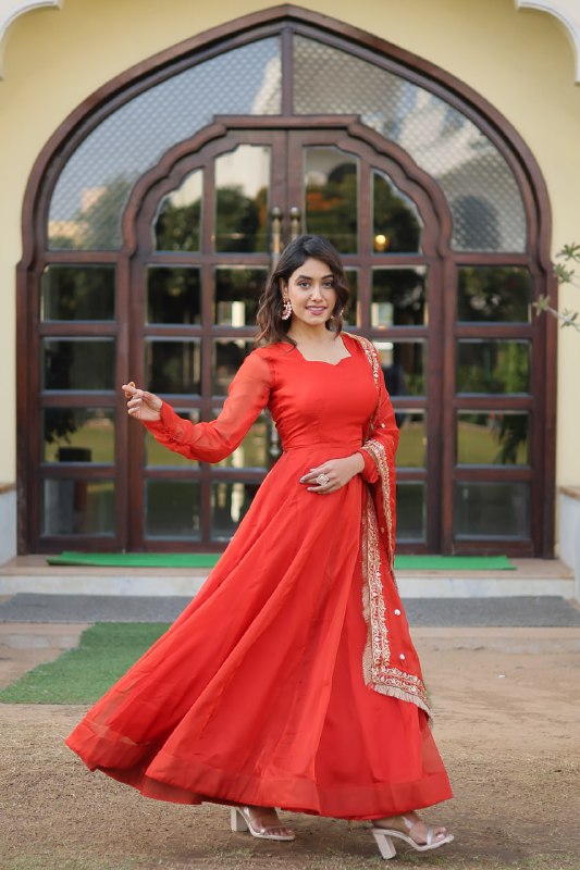 Alluring Russian Silk Fully Stitched Designer Gown With Dupatta - Ethnicwish
