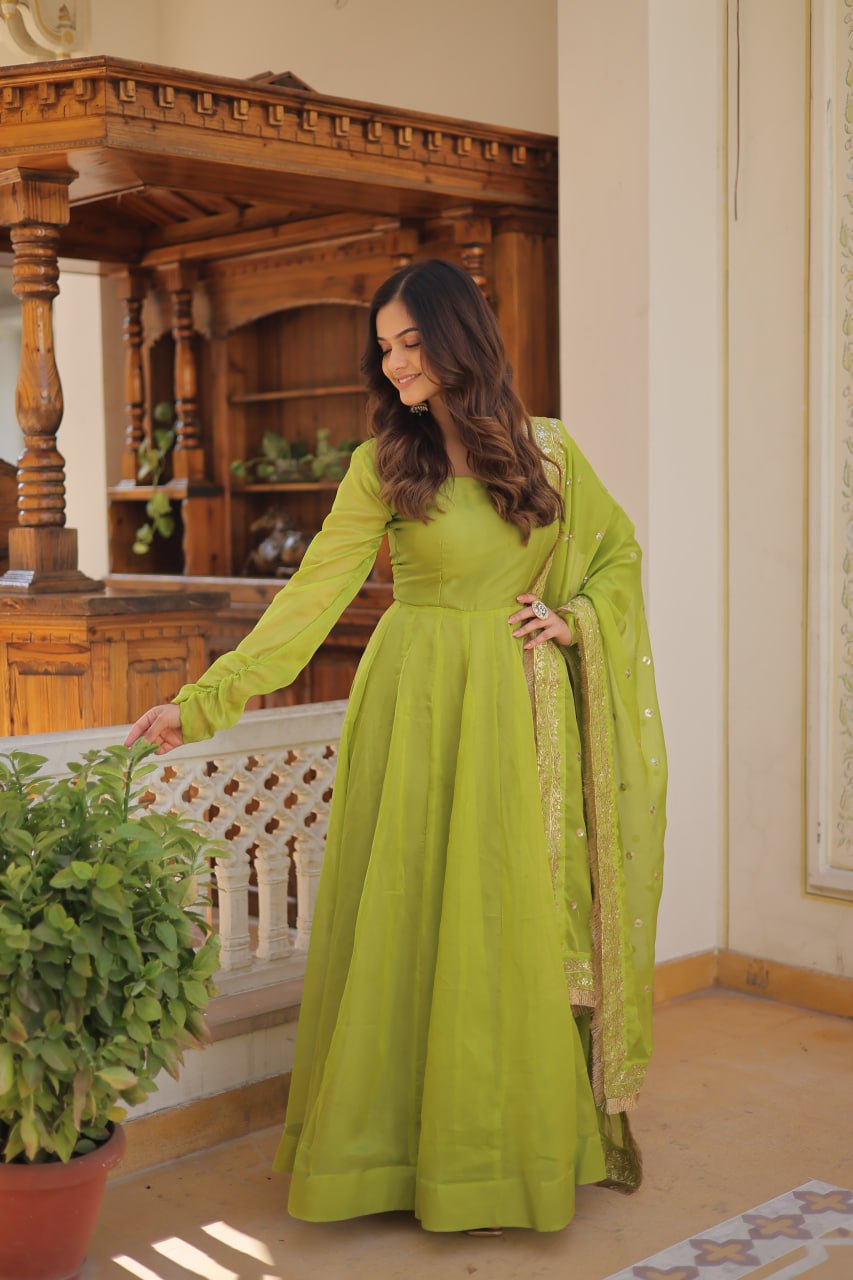 Alluring Russian Silk Fully Stitched Designer Gown With Dupatta - Ethnicwish