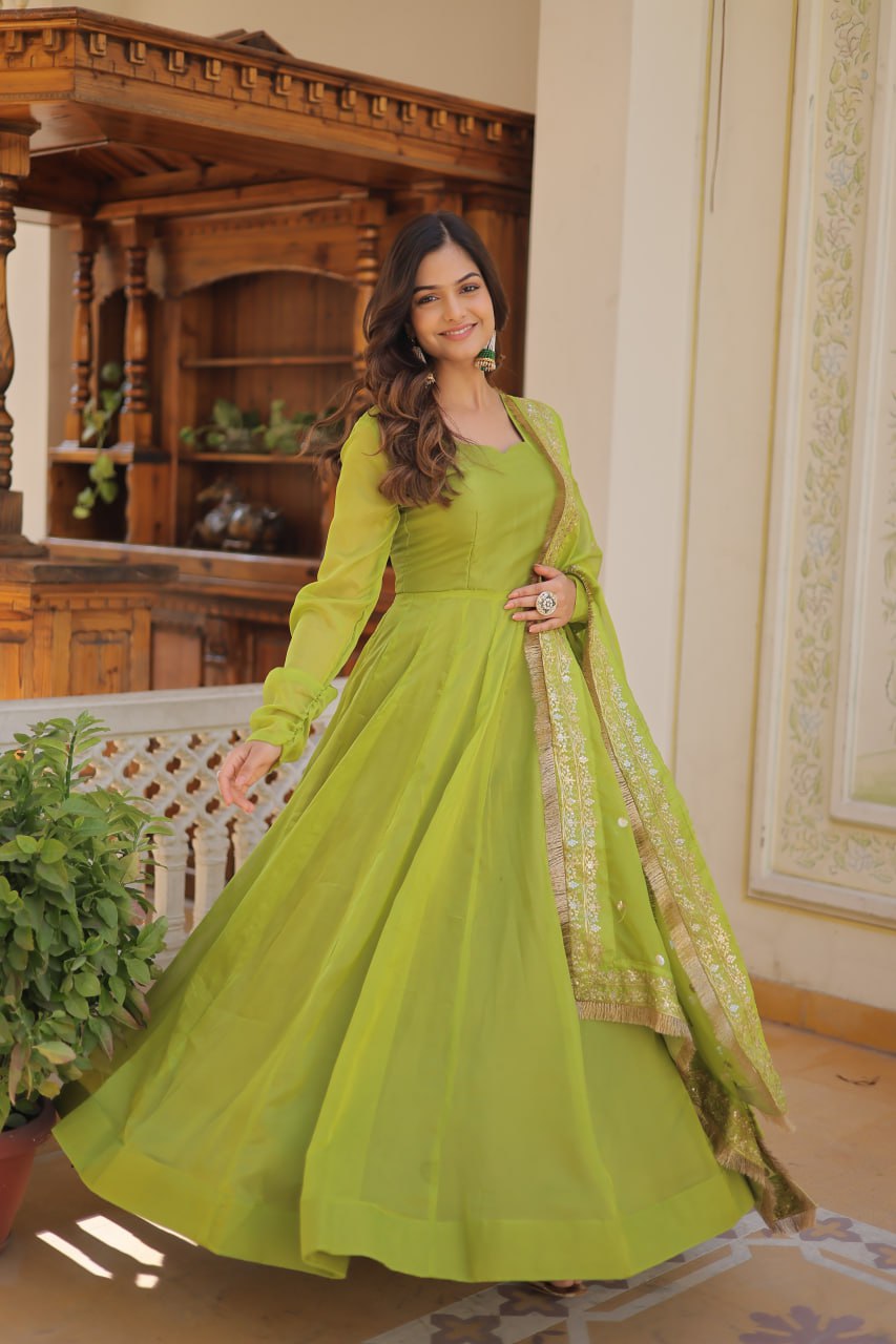 Alluring Russian Silk Fully Stitched Designer Gown With Dupatta - Ethnicwish